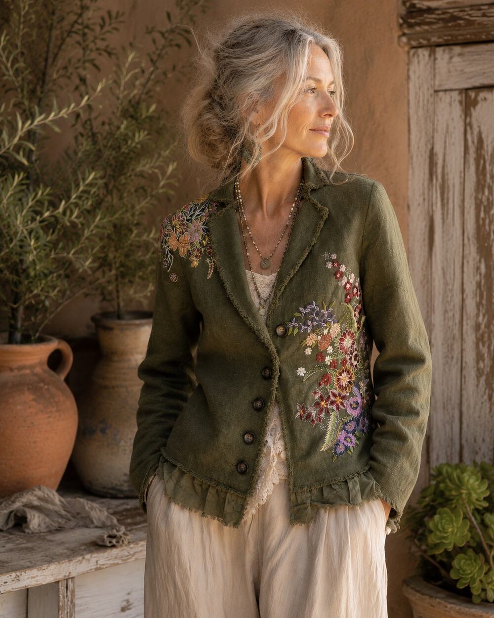 Sundance Olive Linen Embroidered Artwear Jacket PM